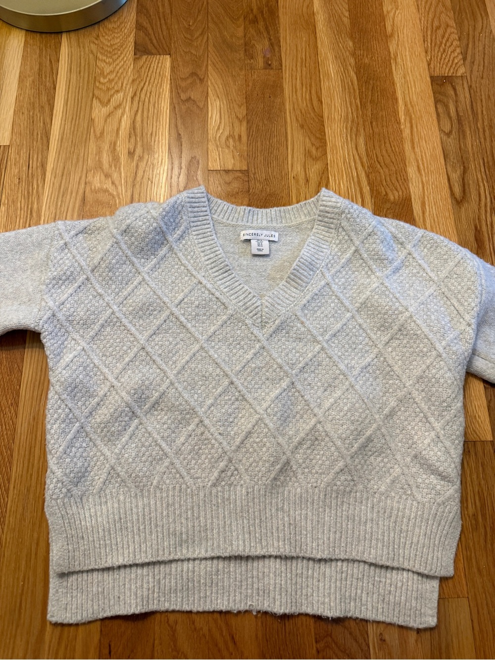 Sincerly Jules Light Gray V-Neck Diamond Knit Sweater